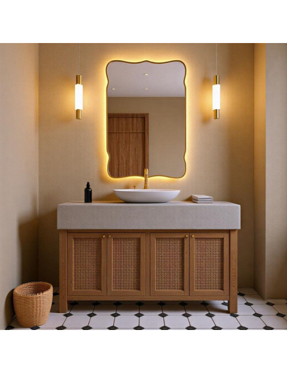 Фигурное зеркало в раме с задней интерьерной подсветкой E064 в интернет-магазине зеркальной мастерской ЗЕРКАЛА-М фото